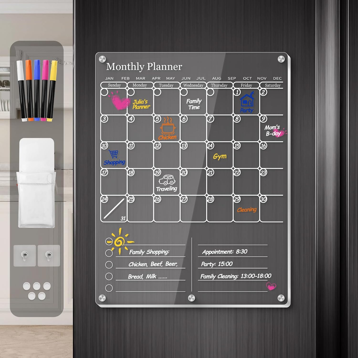 Magnetic Whiteboard Calendar - Clear Acrylic Magnetic Fridge Calendar, Vertical