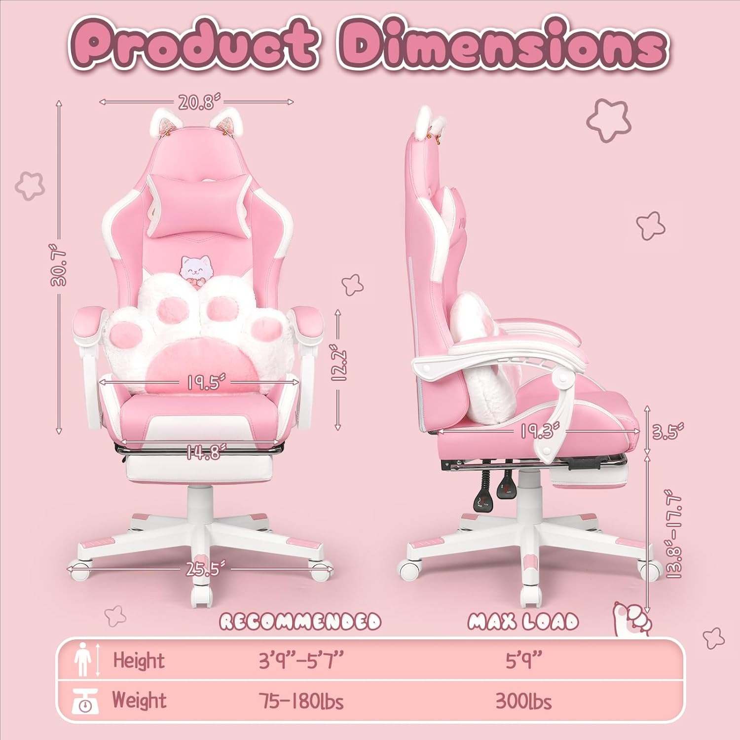 Office Footrest Cushion - Cute Pink Gaming Chair with Cat