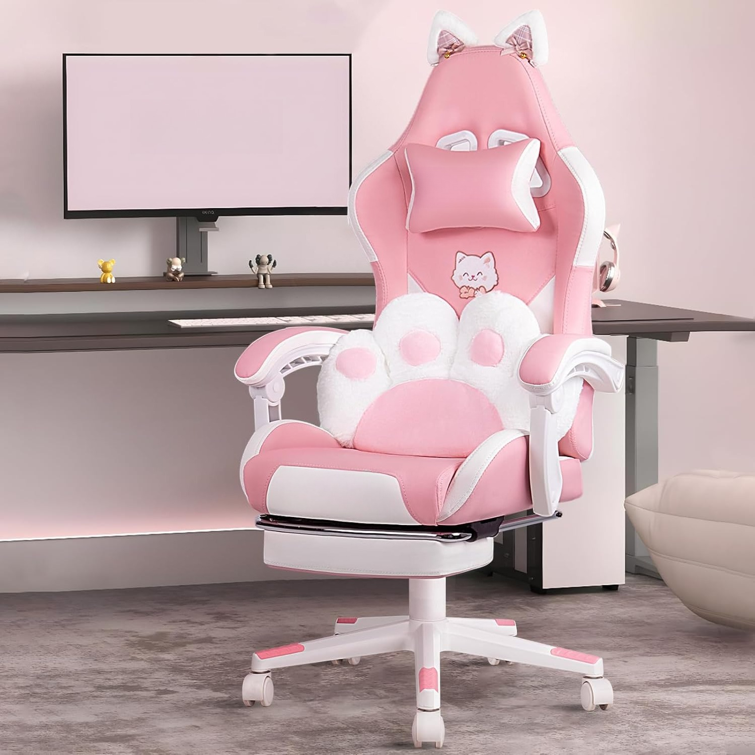 Cute Pink Gaming Chair with Ca - Office Footrest Cushion reseña y precio